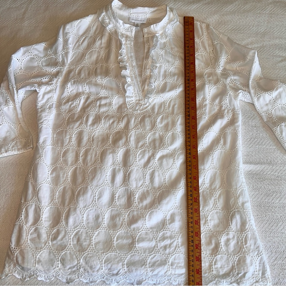 Charter Club Size 14 White Eyelet Cotton Blouse Ruffle V-Neck 3/4 Sleeve Lined - Picture 5 of 10